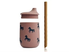 Liewood horses/dark rosetta børnekop med sugerør Ellis silikone